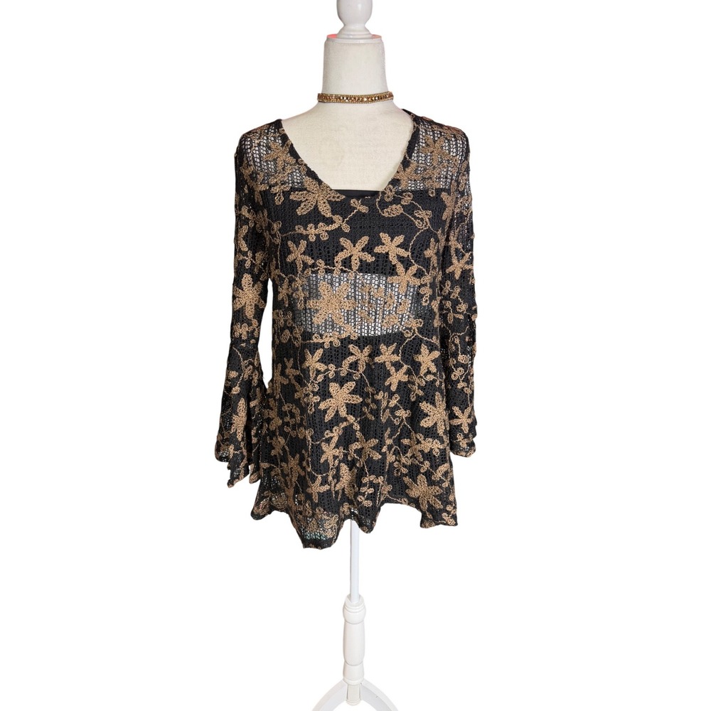 Goth fairy sheer crochet top bronze lace bell sleeves y2k boho